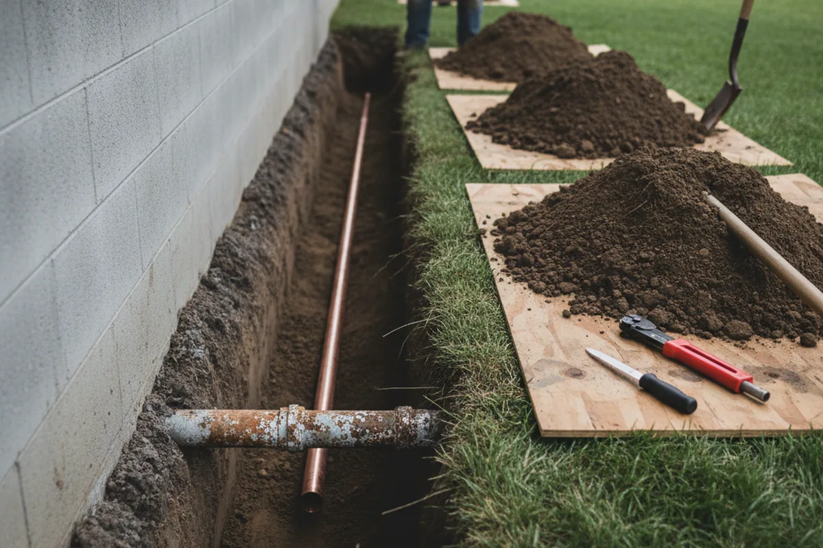 Excavated water line trench during Water Heater Repair in Auxier